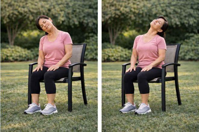 Woman doing a seated neck stretch in a chair outdoors