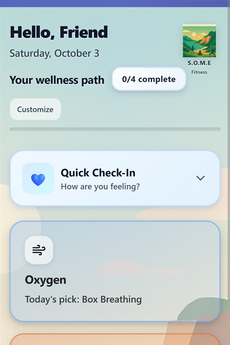 S.O.M.E Fitness app home screen with a quick check-in and daily Oxygen, Move and Eat picks